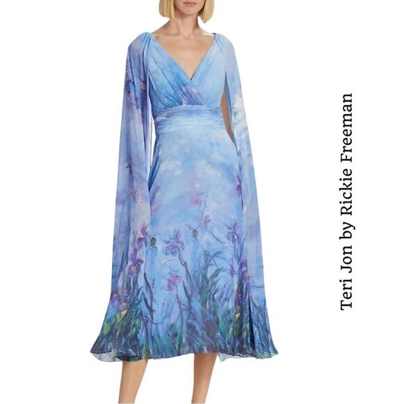 NEW TERI JON by Rickie Freeman Watercolor Floral Midi-dress in Light Blue NWT - Picture 3 of 16